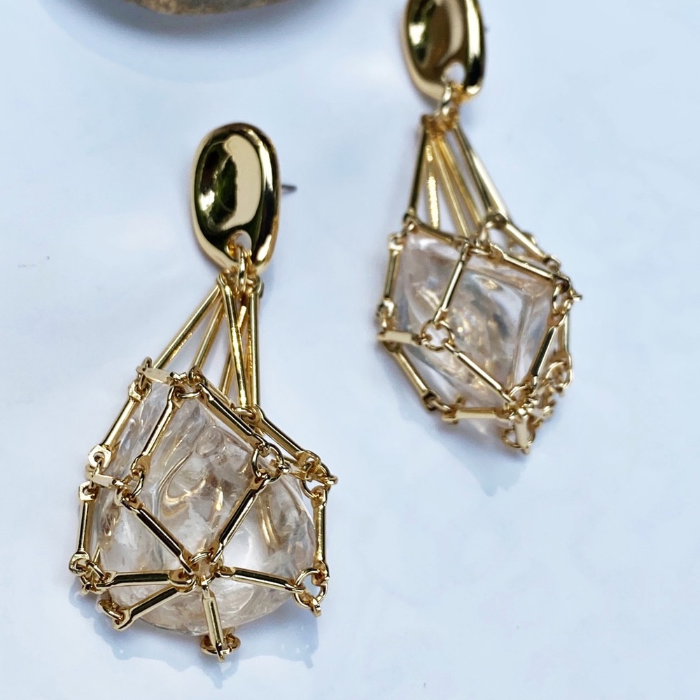 NEW Gold & Crystal Cage Drop Earrings - Picture 9 of 10